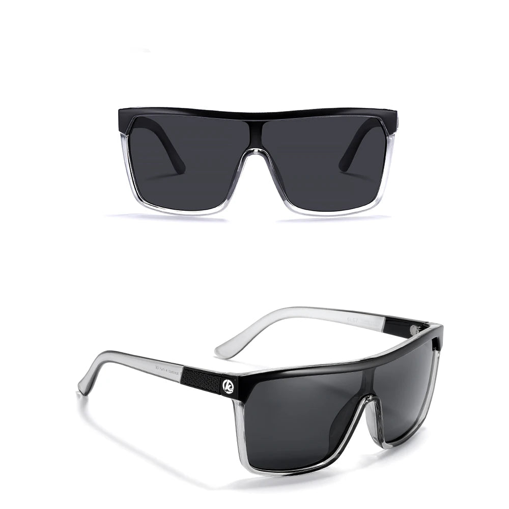 Two pairs of sunglasses with transparent gray frames and black lenses on a white background.