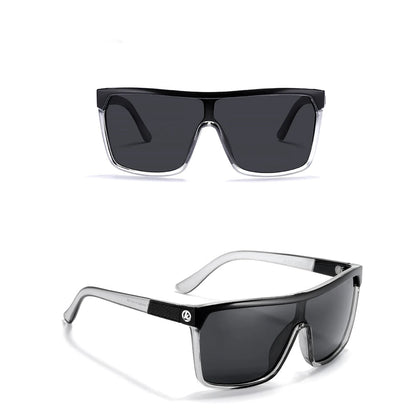 Two pairs of sunglasses with transparent gray frames and black lenses on a white background.