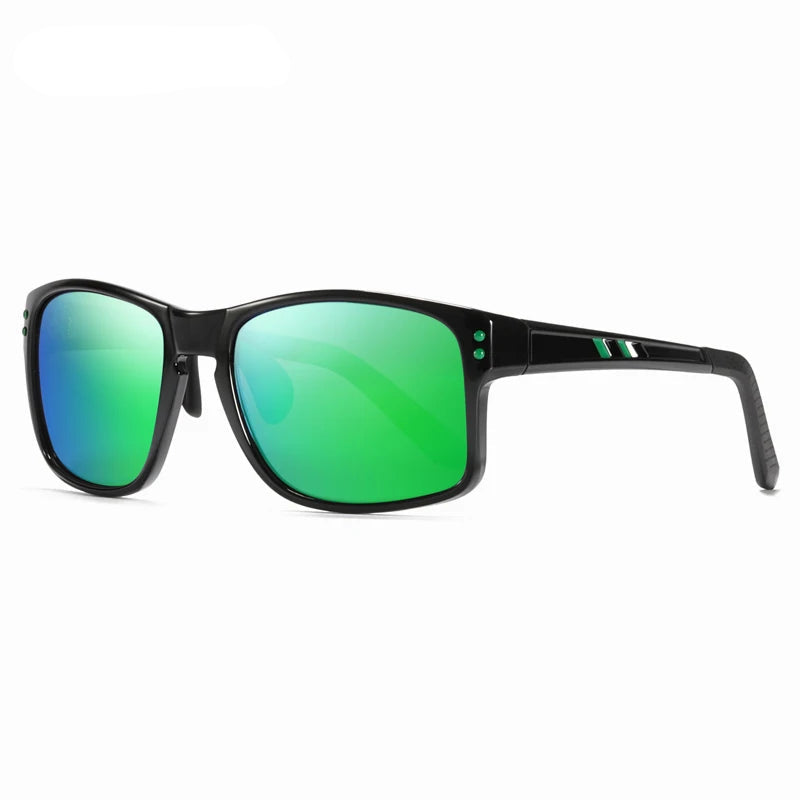 Sunglasses with green lenses and black frame on a white background, featuring the KDEAM brand.