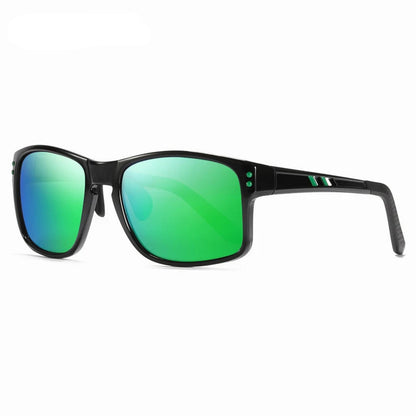 Sunglasses with green lenses and black frame on a white background, featuring the KDEAM brand.