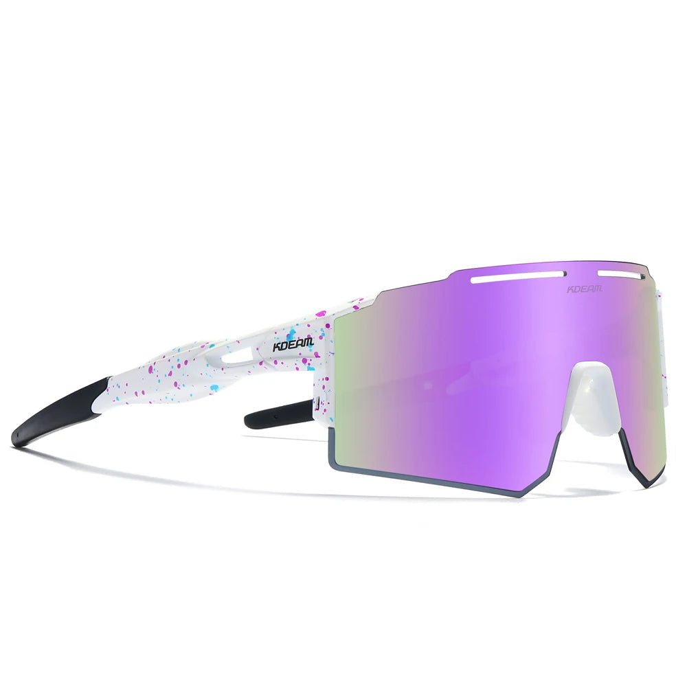 Sunglasses with purple mirrored lenses on a white background
