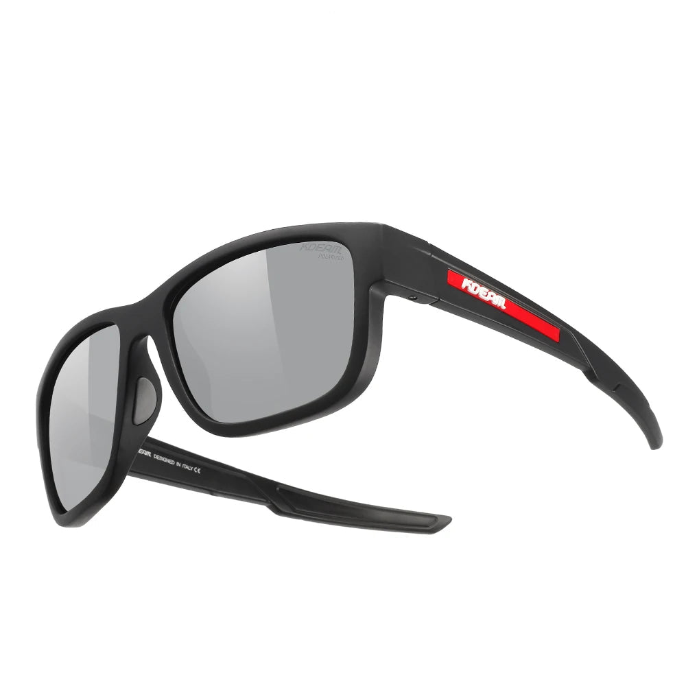 Black sunglasses with red logo on a white background